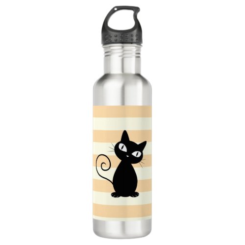 Adorable  Whimsical Black Cat on Stripes Water Bottle