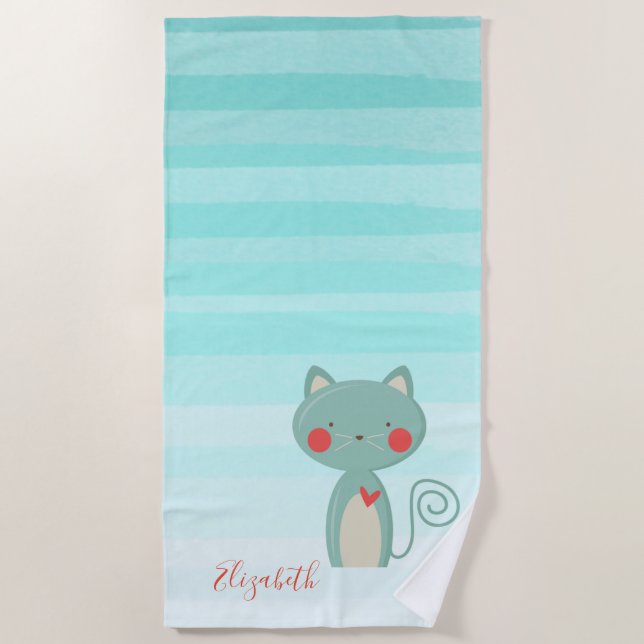 Adorable Whimsical Cartoon Cat   -Personalized Beach Towel (Front)