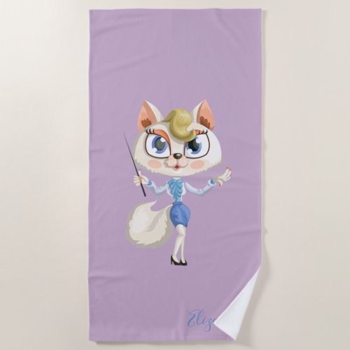 Adorable  Whimsical Cartoon Kitty _Personalized Beach Towel