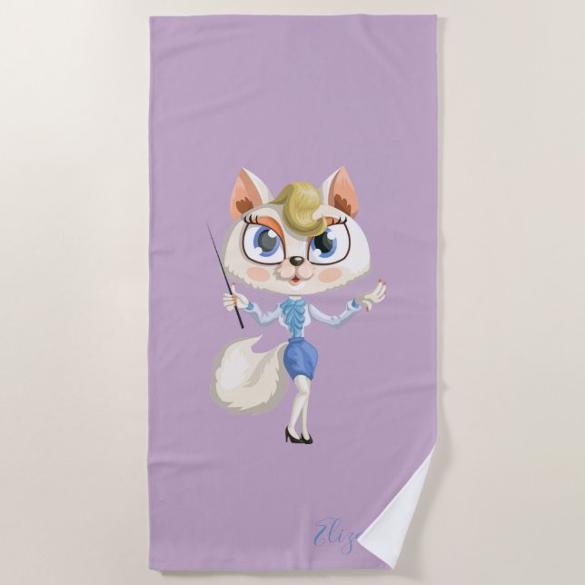 Adorable  Whimsical Cartoon Kitty -Personalized Beach Towel (Front)