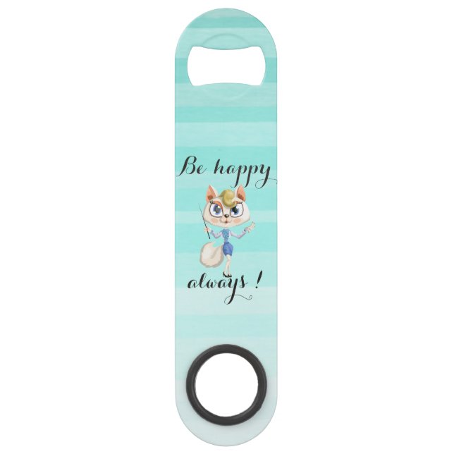 Adorable Whimsical Cat -Be happy always Bar Key (Front)