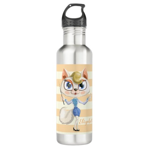 Adorable  Whimsical  Cat on Stripes_Personalized Stainless Steel Water Bottle