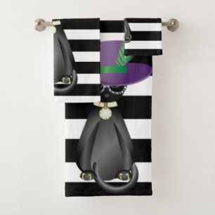 Adorable Whimsical Cat, Stripes Bath Towel Set