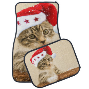 Adorable Whimsical Cat Whit Santa Hat Car Floor Mat