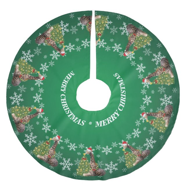 Adorable Whimsical Christmas Giraffes on Green Brushed Polyester Tree Skirt (Front)