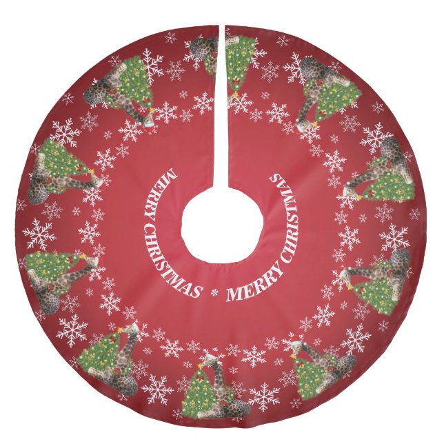 Adorable Whimsical Christmas Giraffes on Red Brushed Polyester Tree Skirt (Front)