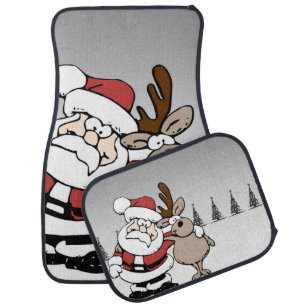 Adorable Whimsical Christmas Reindeer Santa Claus Car Floor Mat