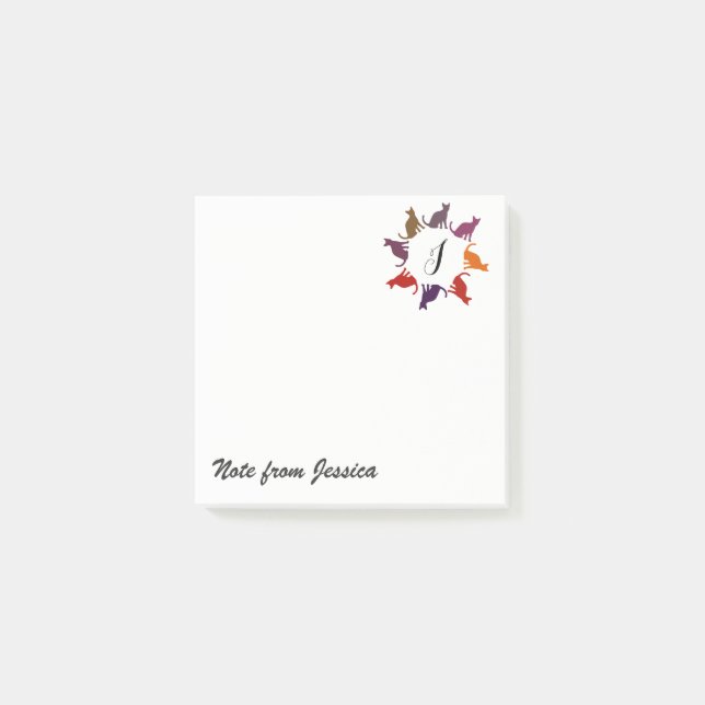 Adorable whimsical colorful cats monogram post-it notes (Front)