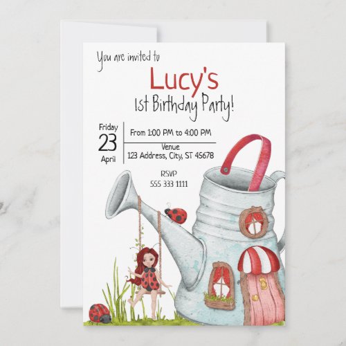 Adorable Whimsical LadyBug 1st Birthday Party Invitation