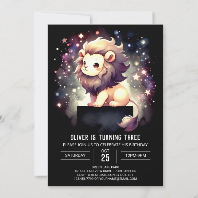 Adorable Whimsical Lion Birthday Invitation (Front)