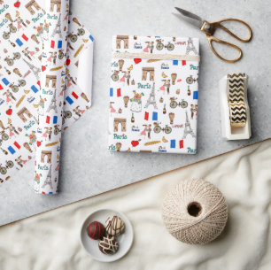Adorable Whimsical Paris Motifs with Eiffel Tower Wrapping Paper
