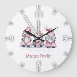 Adorable Whimsical Pink Gnomes Christmas Large Clock