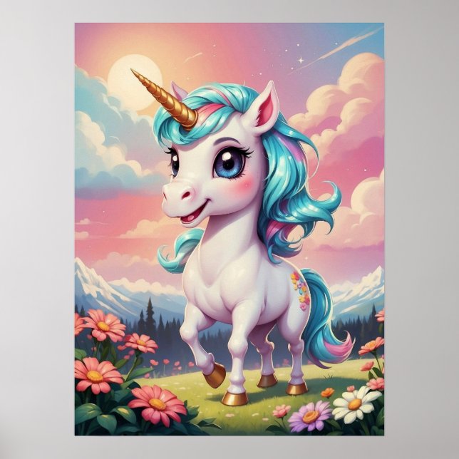 Adorable Whimsical Unicorn in Garden  Poster (Front)