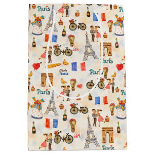 Adorable Whimsical Watercolor Paris Motifs with Ei Medium Gift Bag