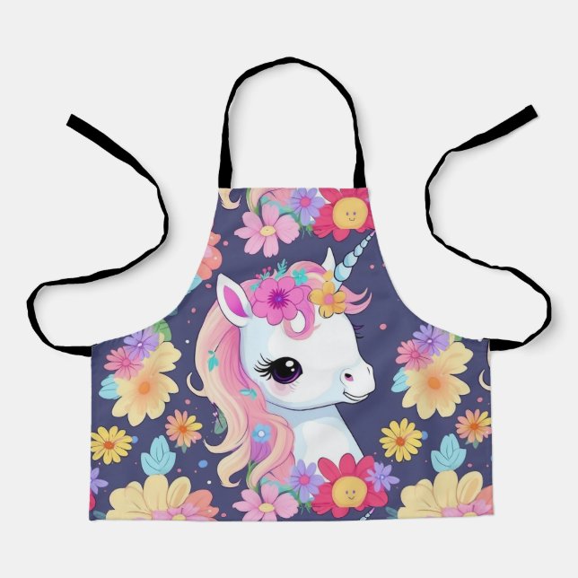 Adorable White Baby Unicorn with Flowers Apron (Front)