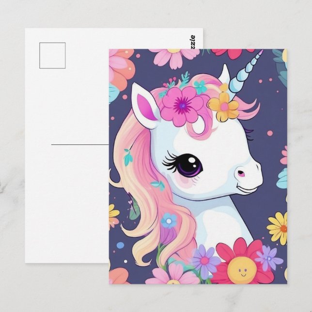 Adorable White Baby Unicorn with Flowers Postcard (Front/Back)