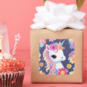 Adorable White Baby Unicorn with Flowers Square Sticker