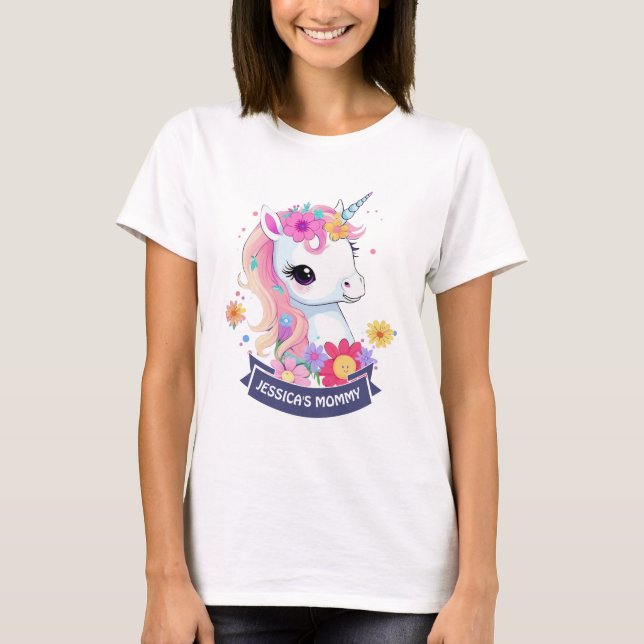Adorable White Baby Unicorn with Flowers T-Shirt (Front)