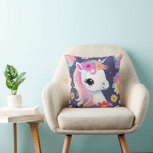 Adorable White Baby Unicorn with Flowers Throw Pillow