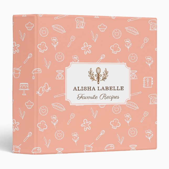 Adorable White Baking Icon Pattern & Whisk Recipe 3 Ring Binder (Front/Spine)