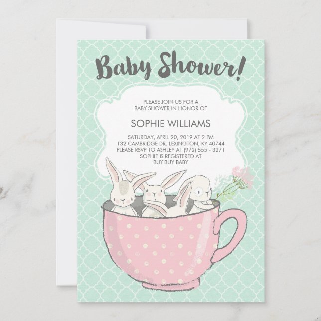 Adorable White Bunnies in Teacup Baby Shower Invitation (Front)