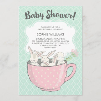 Adorable White Bunnies in Teacup Baby Shower Invitation