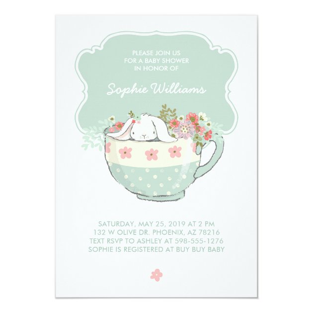 Adorable White Bunny In A Tea Cup Baby Shower Invitation