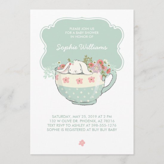Adorable White Bunny in a Tea Cup Baby Shower Invitation