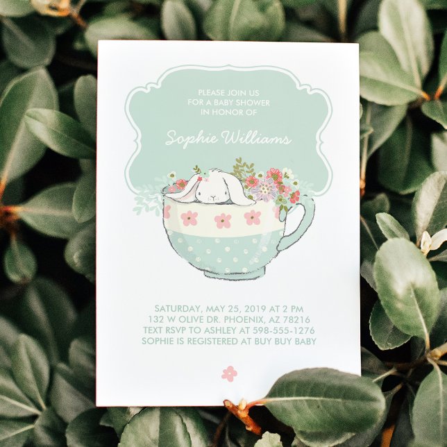 Adorable White Bunny in a Tea Cup Baby Shower Invitation