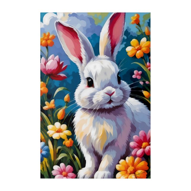 Adorable White Bunny Surrounded by Vibrant Flowers Acrylic Print (Front)