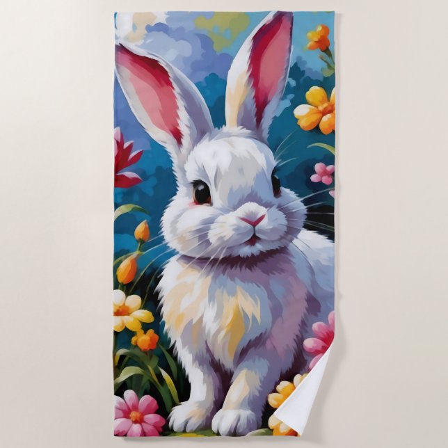 Adorable White Bunny Surrounded by Vibrant Flowers Beach Towel (Front)