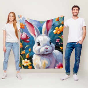 Adorable White Bunny Surrounded by Vibrant Flowers Fleece Blanket