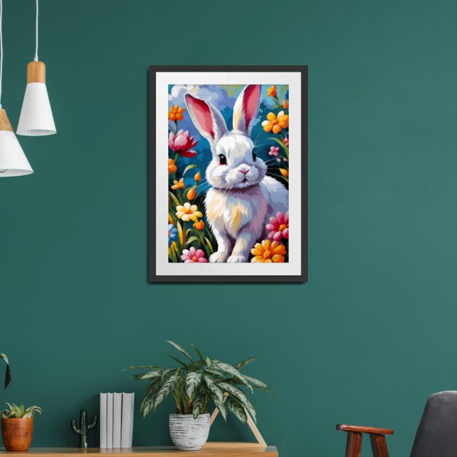 Adorable White Bunny Surrounded by Vibrant Flowers Framed Art (Living Room 2)