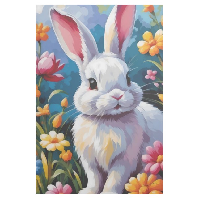 Adorable White Bunny Surrounded by Vibrant Flowers Gallery Wrap (Front)