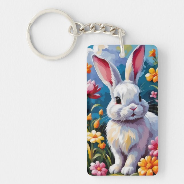 Adorable White Bunny Surrounded by Vibrant Flowers Keychain (Front)