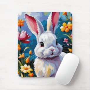 Adorable White Bunny Surrounded by Vibrant Flowers Mouse Pad
