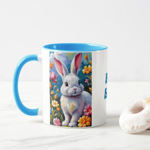 Adorable White Bunny Surrounded by Vibrant Flowers Mug