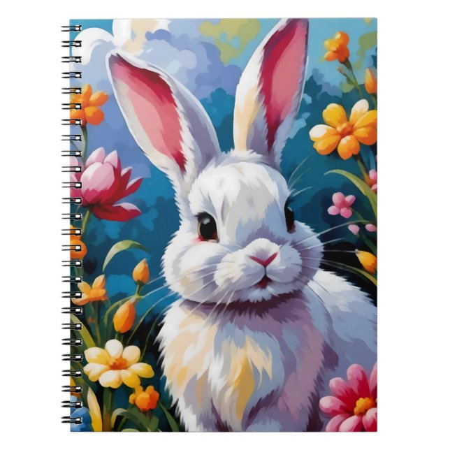 Adorable White Bunny Surrounded by Vibrant Flowers Notebook (Front)