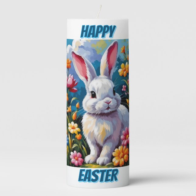 Adorable White Bunny Surrounded by Vibrant Flowers Pillar Candle (Front)
