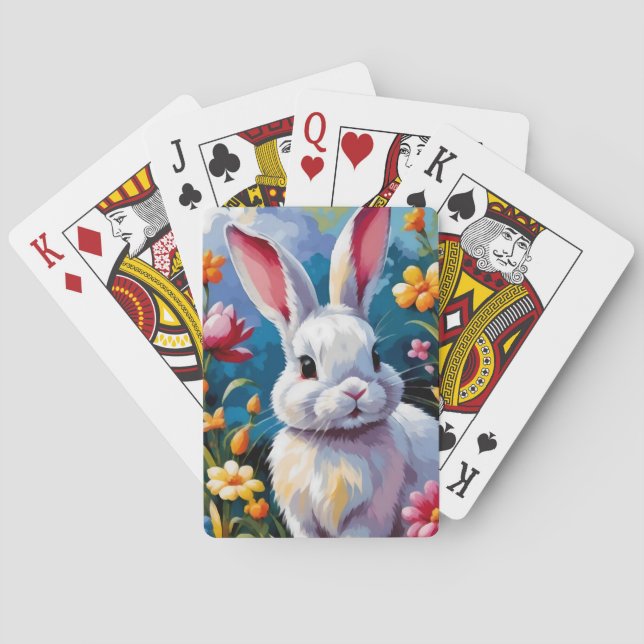 Adorable White Bunny Surrounded by Vibrant Flowers Poker Cards (Back)