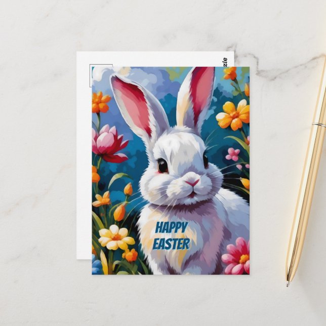 Adorable White Bunny Surrounded by Vibrant Flowers Postcard (Front/Back In Situ)