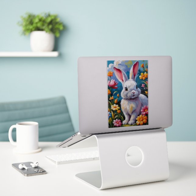 Adorable White Bunny Surrounded by Vibrant Flowers Sticker (Laptop On Desk)