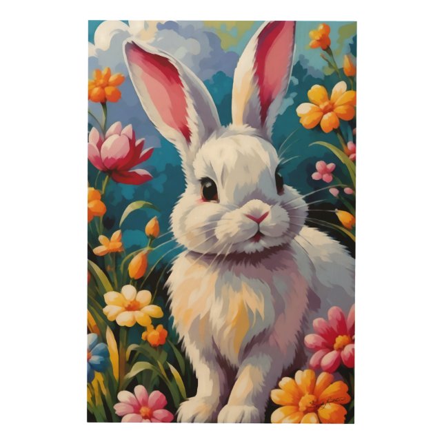 Adorable White Bunny Surrounded by Vibrant Flowers Wood Wall Art (Front)