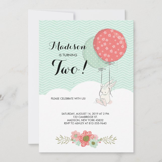 Adorable White Bunny with Balloons Birthday Party Invitation (Front)