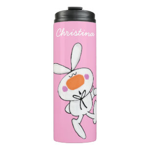 Adorable White Cartoon Bunny Rabbit on Bright Pink Thermal Tumbler
