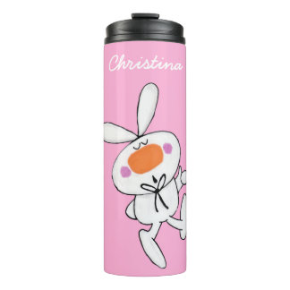 Adorable White Cartoon Bunny Rabbit on Bright Pink Thermal Tumbler