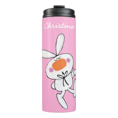 Adorable White Cartoon Bunny Rabbit on Bright Pink Thermal Tumbler