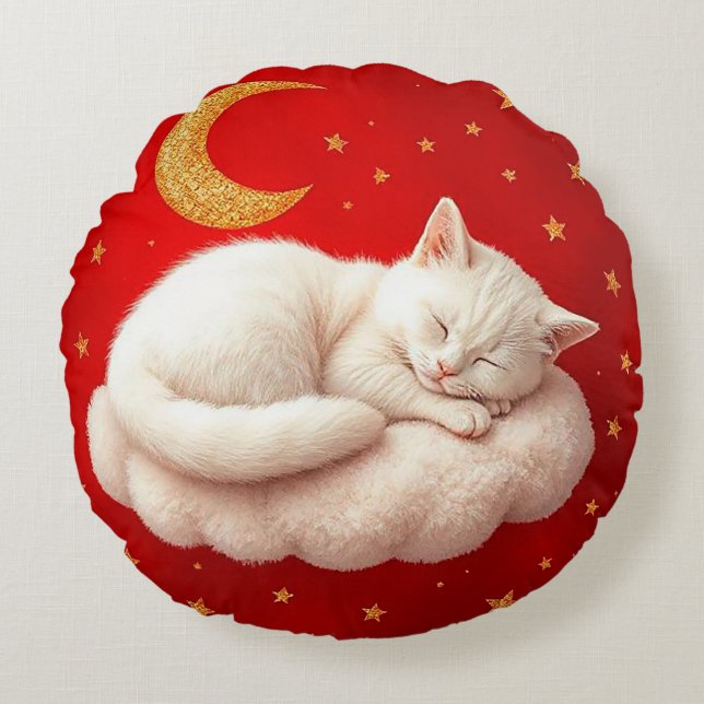 Adorable white cat round pillow (Front)
