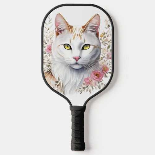 Adorable white cat with big eyes pickleball paddle