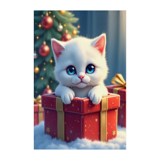 Adorable White Christmas Kitten in Gift Box Acrylic Print (Front)